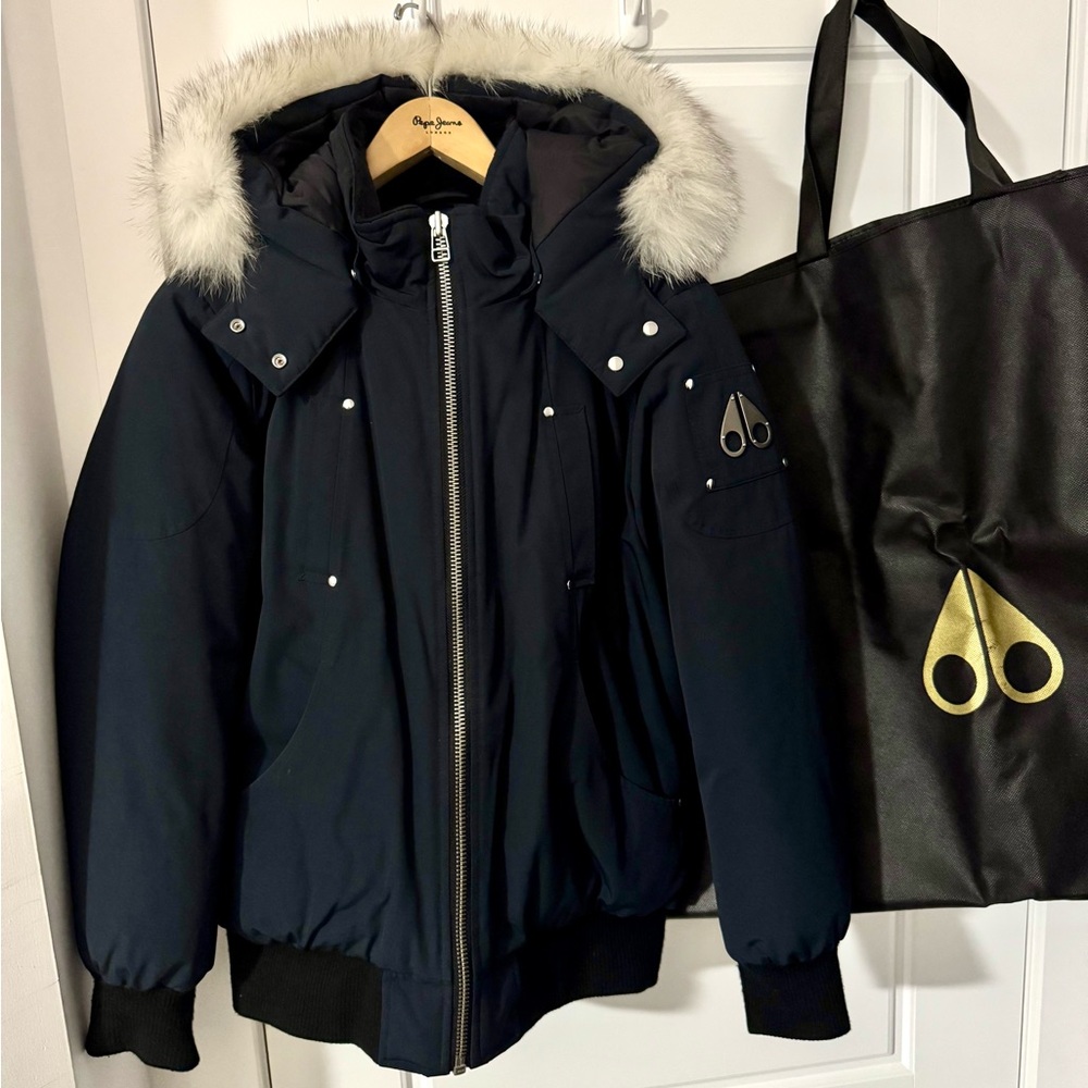 Authentic Moose Knuckles Unisex Navy Blue with White Fur Bomber Winter Jacket